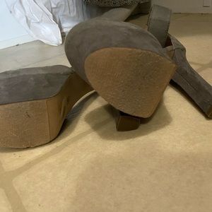 Grey suede ankle strap heels